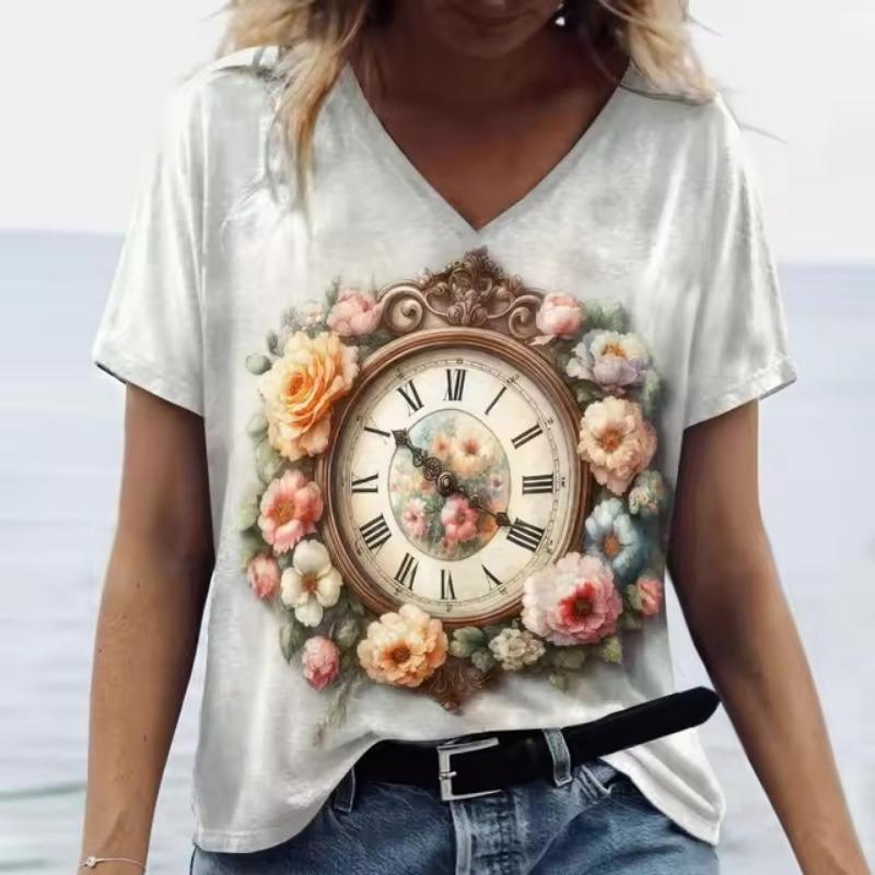 

3D-принт женская футболка с винтажным принтом букв, короткий рукав, повседневная, выходного дня, базовая футболка для девочек с V-образным вырезом, женская одежда, свободные летние топы 5XL