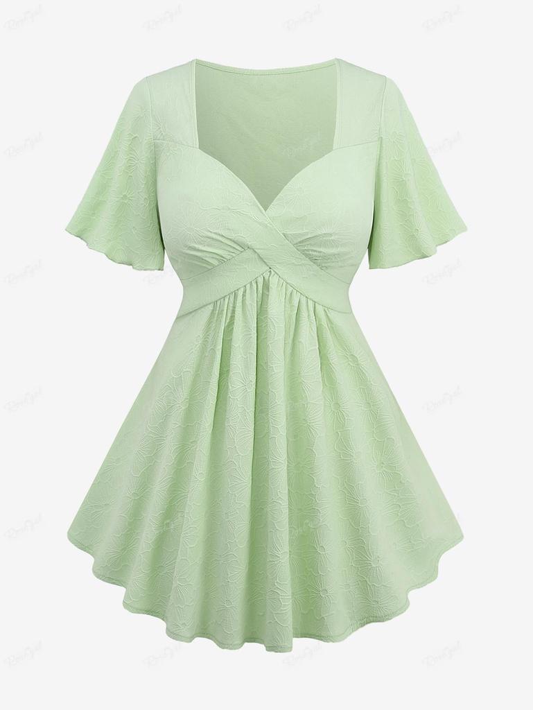 Rosegal Plus Size Flower Jacquard Ruched Ruffles Blouse