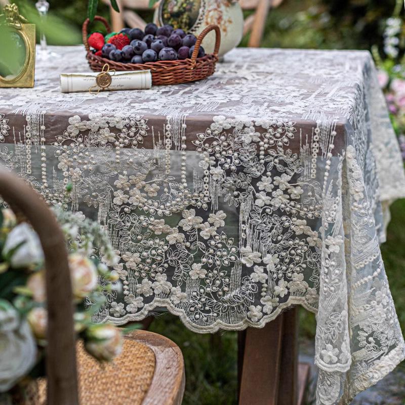Beige Lace Tablecloth Embroidered Floral Vintage