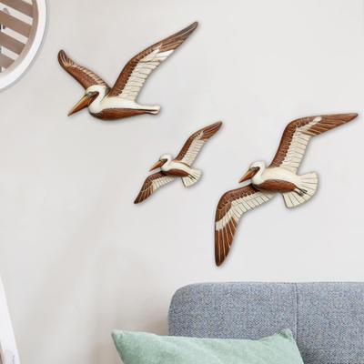 3 Pcs Wood Flying Pelican Wall Art Coastal Theme Nautical Wall Decor Rustic Beach Wooden Bird Sculpture for Living Room Bedroom Home Decor