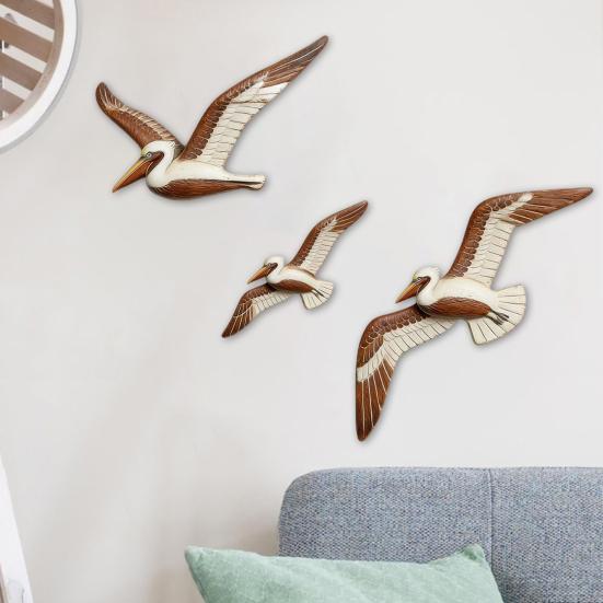 3 Pcs Wood Flying Pelican Wall Art Coastal Theme Nautical Wall Decor Rustic Beach Wooden Bird Sculpture for Living Room Bedroom Home Decor