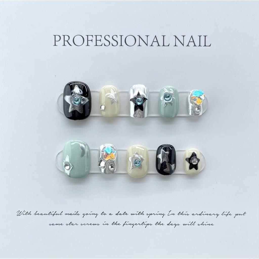 100% HANDMADE Short Round Fake Nail Set With Glue Star Ice Cream Blue&Yellow Cute gentle summer spring sea ocean diamond press on Nails Reusable