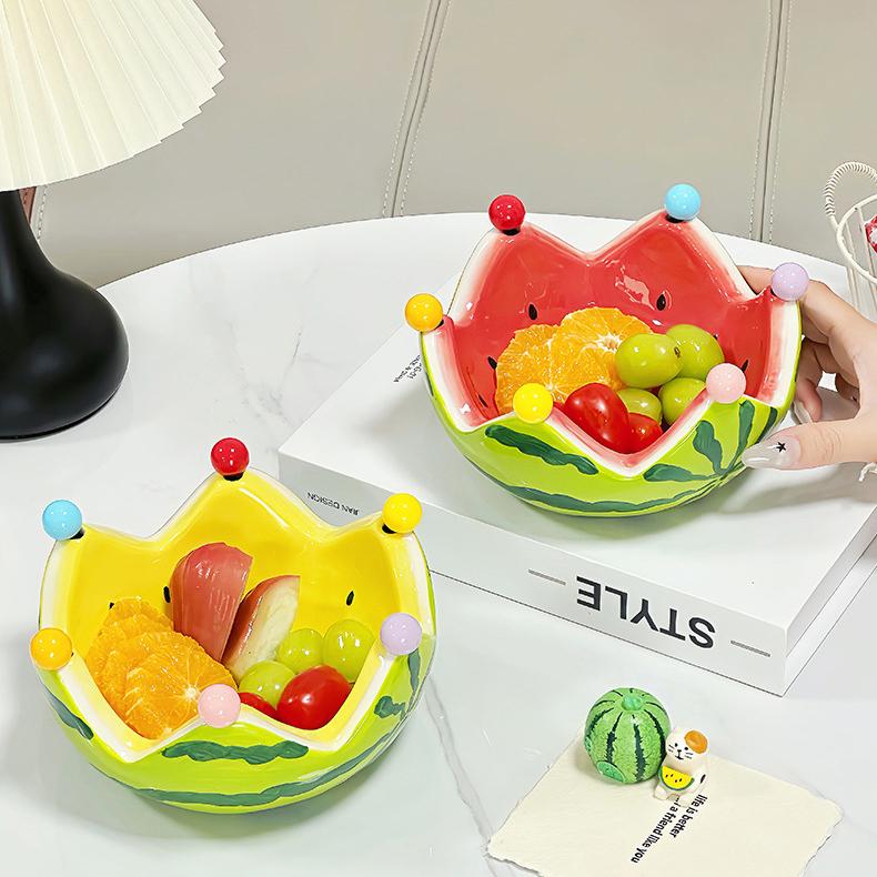 Creative Crown Watermelon Ceramic Fruit Bowl, Cute Salad Dessert Bowl with Fruit Fork for Home Use