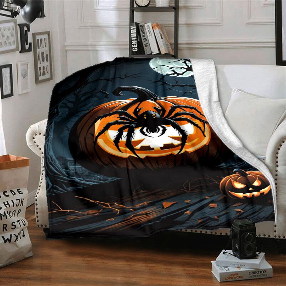 1pc Halloween Pumpkin, Spider Blanket Lightweight Flannel Blanket Throw Blanket For Sofa, Bed, Travel, Camping, Livingroom, Couch, Chair, And Bed Yy25