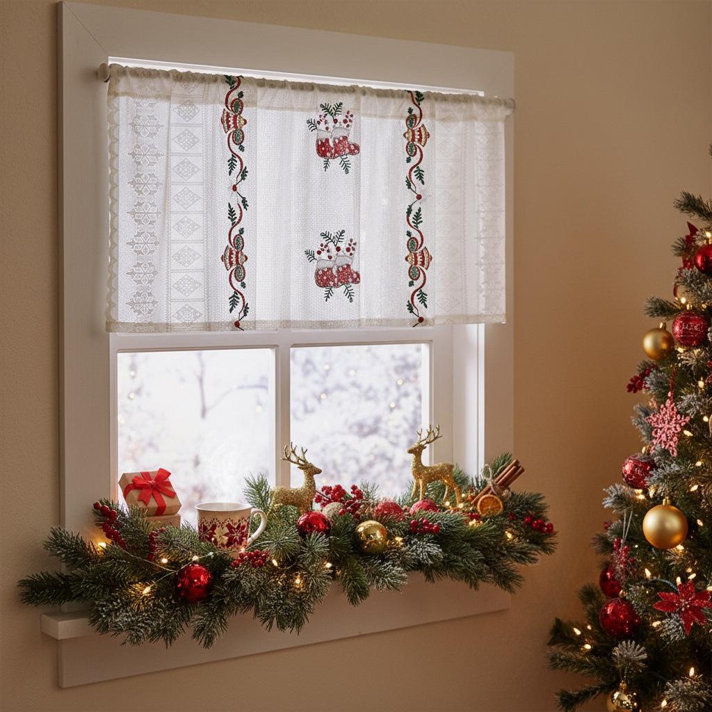 American Christmas Curtain Finished Bell Christmas Theme Embroidered Lace Door Curtain Rectangle Beautification Decorative Coffee Curtain