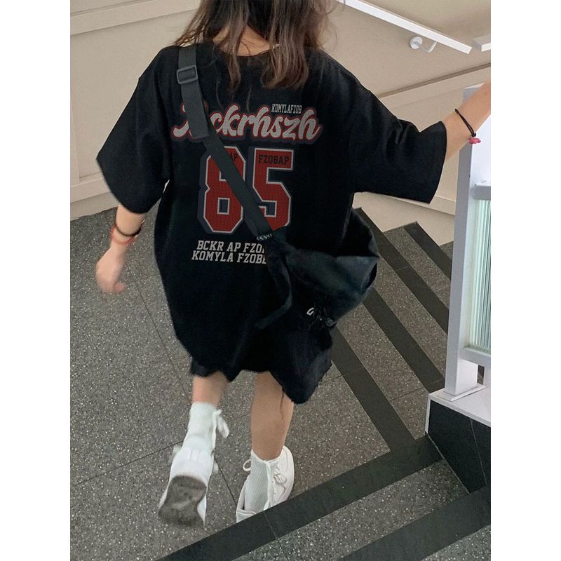 

American Retro Pure Cotton Short-Sleeved T-Shirt for Women, New Summer Style Hiphop Trendy Brand Loose Large Size Black Couple Tops Black M [Recommendation 40-50kg]