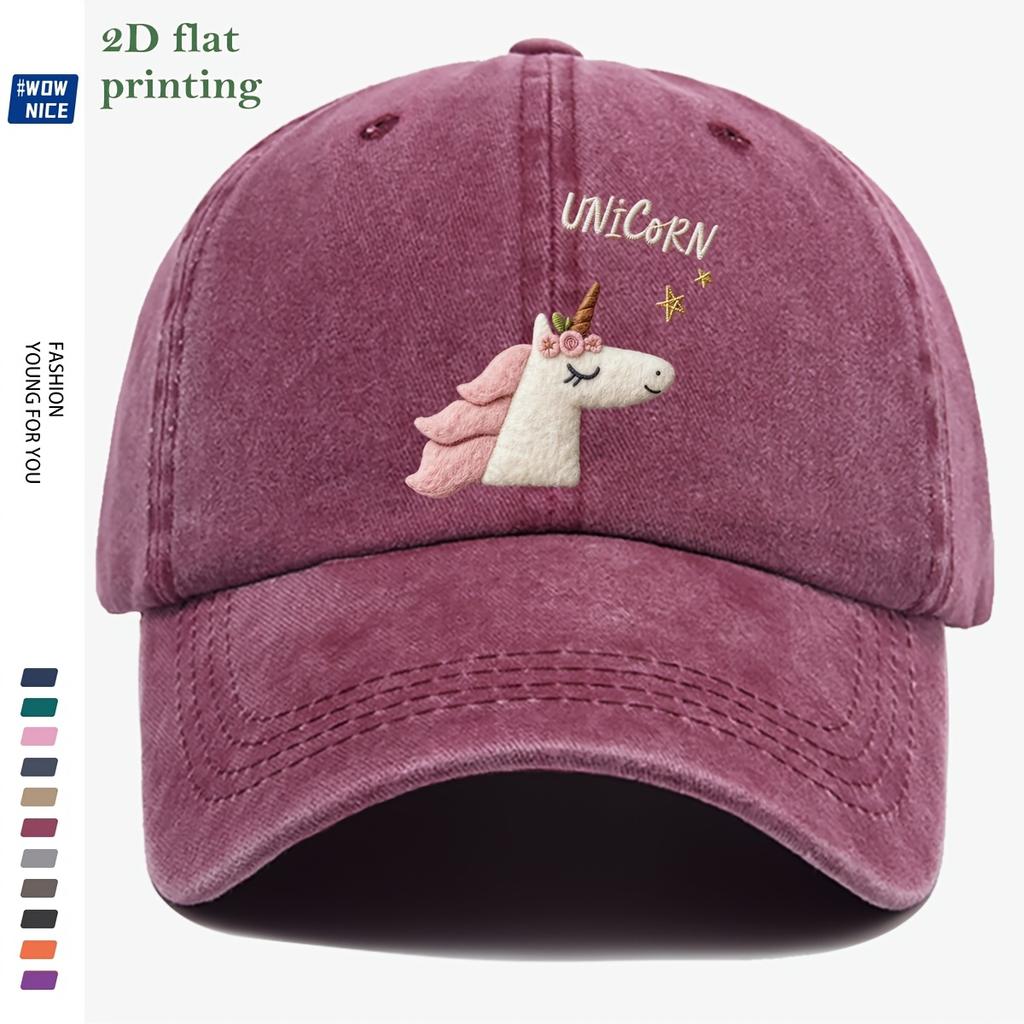 D Flat  pc Unicorn Cartoon Flat DD Flat Printed Baseball Cap Cute Plush Unicorn Head Design Pink And White Color Matching