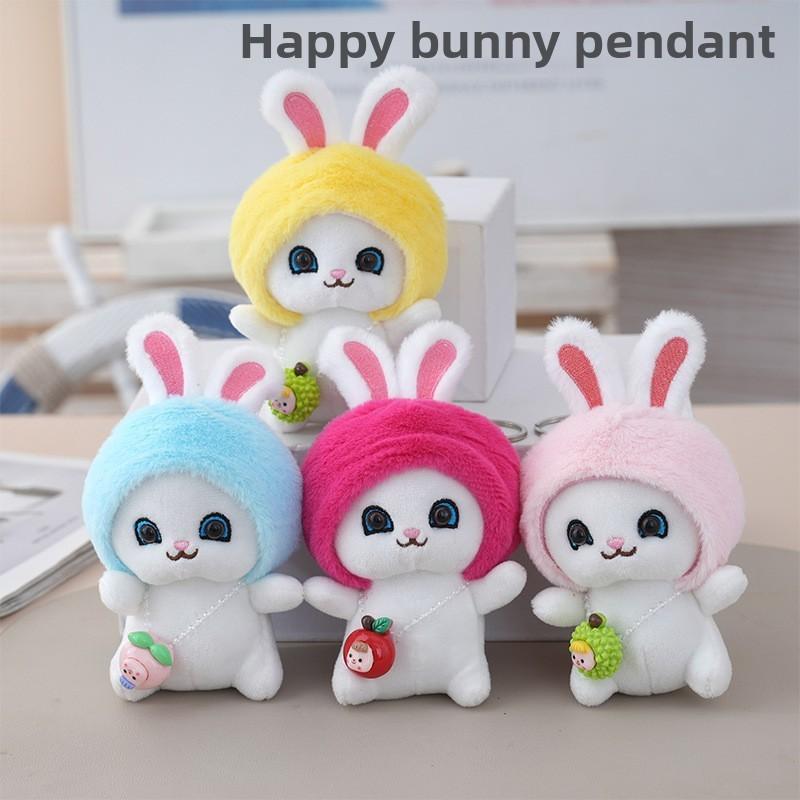 Rabbit Soft Fluffy Doll With Fruit Hat Keychain For Girls Cute Animal Stuffed