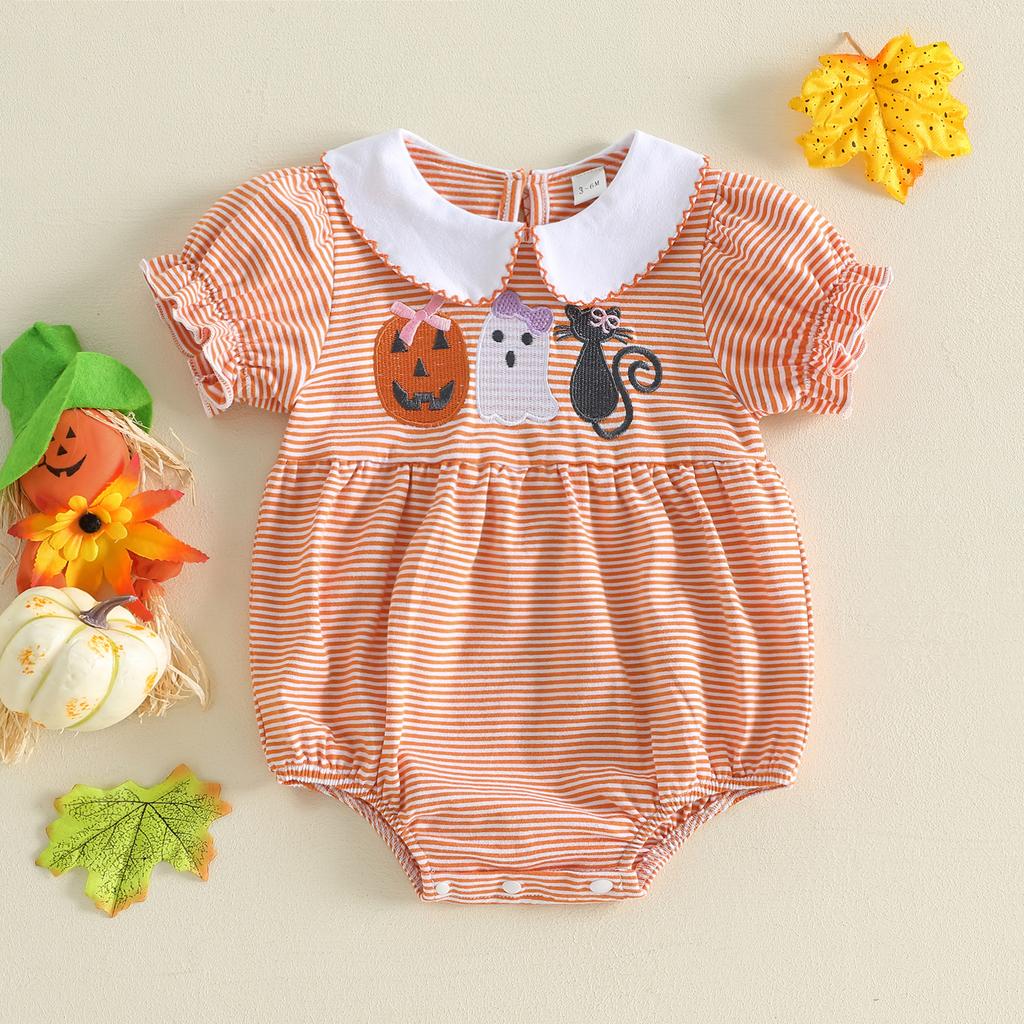 Citgeett Summer Halloween Infant Baby Girls Striped Bodysuit Embroidery Short Sleeve Jumpsuit Clothes