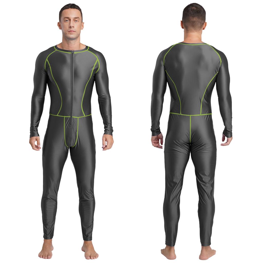 Men‘s Compression Swimwear & Gym Romper S-3XL: Shiny Long Sleeve Jumpsuit with Front Zipper, Flatlock Seams for Comfort