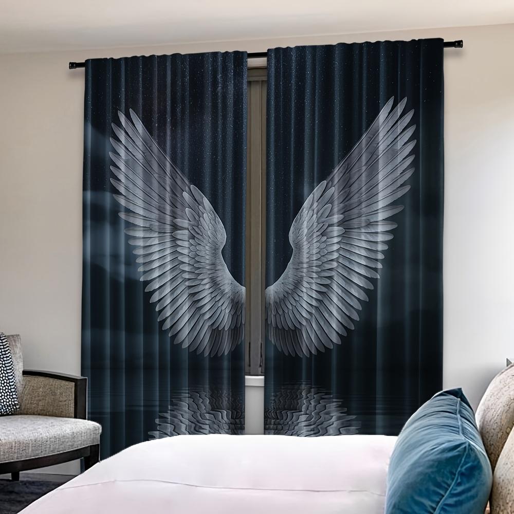 2pcs Angel Wings Starry Sky Blackout Curtains, Woven Polyester Pongee, Semi-Sheer Roller Embossing, Rod Pocket, Machine Washable