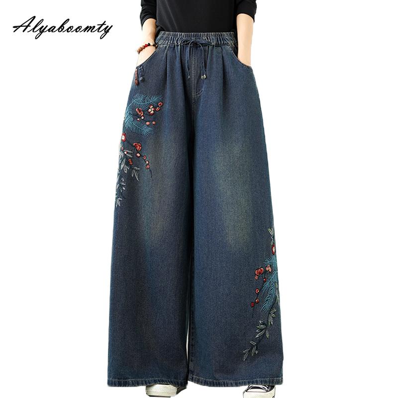 Etnický styl Plus Size Dámské Základní Džíny s širokými nohavicemi Vysoký pas Stahování šňůrkou Jemná výšivka Květinové Volné džínové kalhoty Vintage Elegantní Dámské džíny