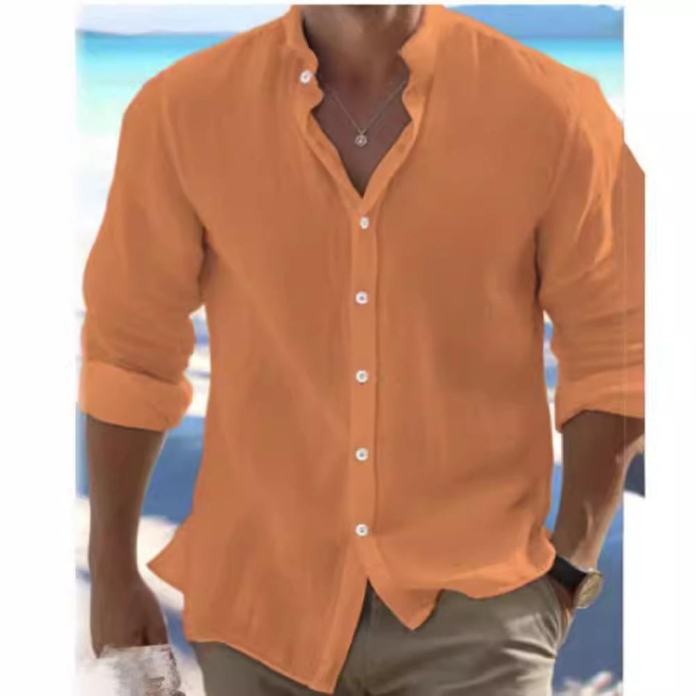 Men's Linen Button-Down Shirt Summer Beach Shirt Long-Sleeved Plain Stand Collar Spring/Summer Casual Everyday Wear