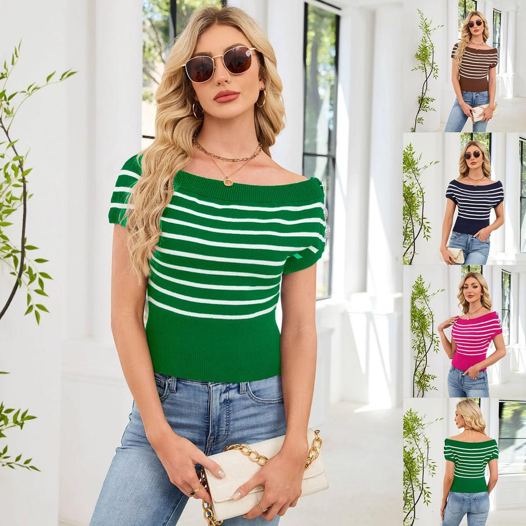 Women's Spring Summer Off Shoulder Striped Knit Top Short Sleeve Button Decor Slim Fit Cropped Casual Daily Blouse