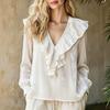 Women's Velvet V-Neck Blouse with Ruffle for Elegant