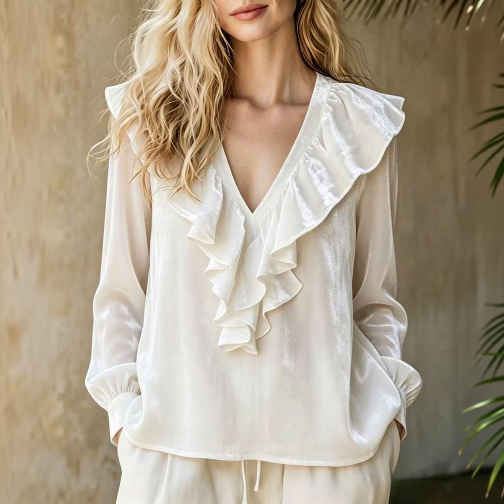 Women's Velvet V-Neck Blouse with Ruffle for Elegant