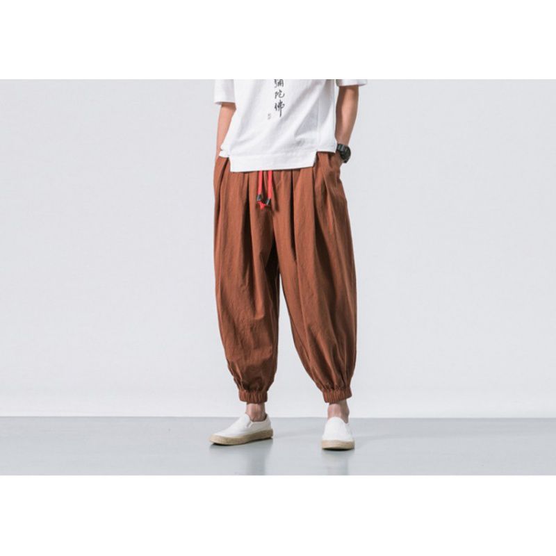 Chinese-style Japanese-style Linen Casual Pants for Men, 9-inch Loose, Wide-leg, Tight-fitting, Plus-size Radish Pants and Casual Harem Pants