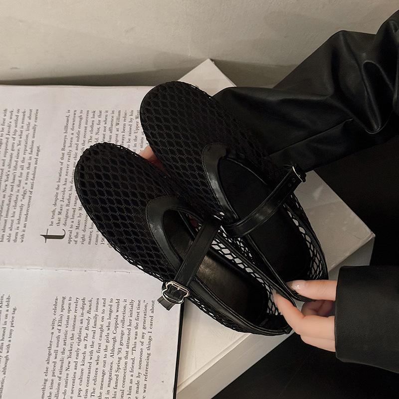 Flat Bottom Hollowed Out Summer New Sandals Women's Fishing Net Shoes Shoes Mesh Shoes 2025 Mary Jane Single Shoes Ballet Shoes Women