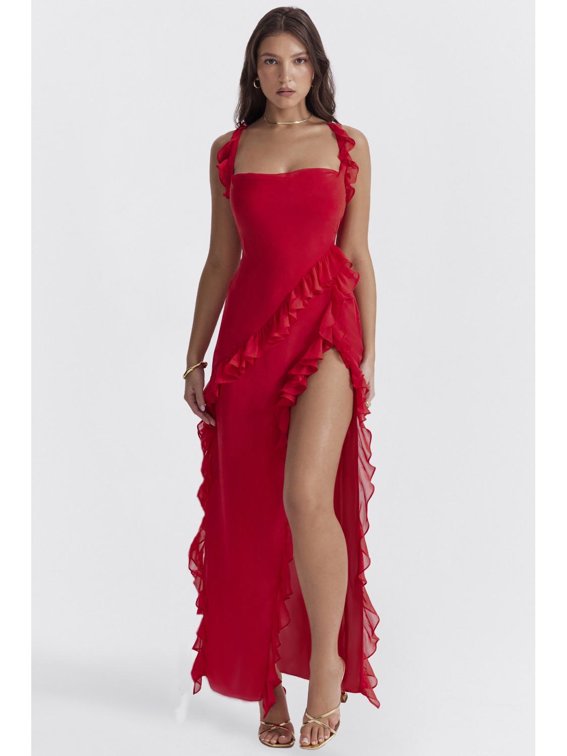 

Летнее платье с французскими оборками и разрезом для женщин 2024 Small