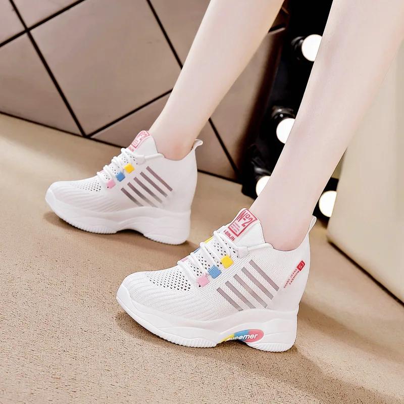 Fashion Classics 8CM Genuine Leather Sneakers Platform Shoes Wedge Hidden Heel Pumps Fashion Ventilate Sneakers Women Summer Shoes
