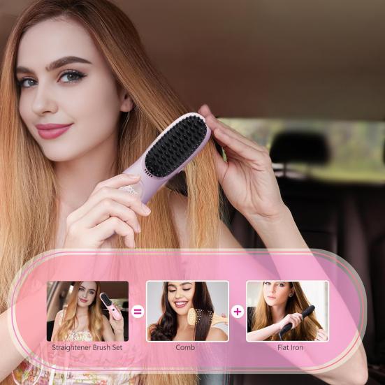 Cordless Hair Straightener Brush with 3 Temperature Settings Portable Mini Hair Comb LED Display USB Rechargeable Fast Heating Electric Hot Brush