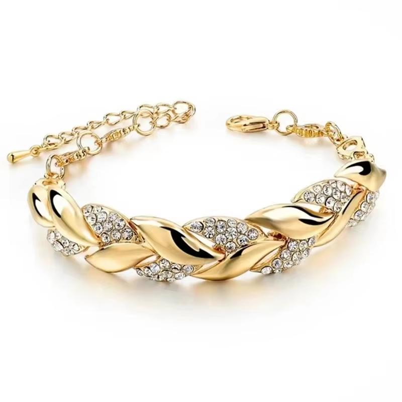 Delicado Pulsera de Cristal con Forma de Hoja Color Dorado Pulsera Ajustable para Mujer Para Uso Formal y Diario