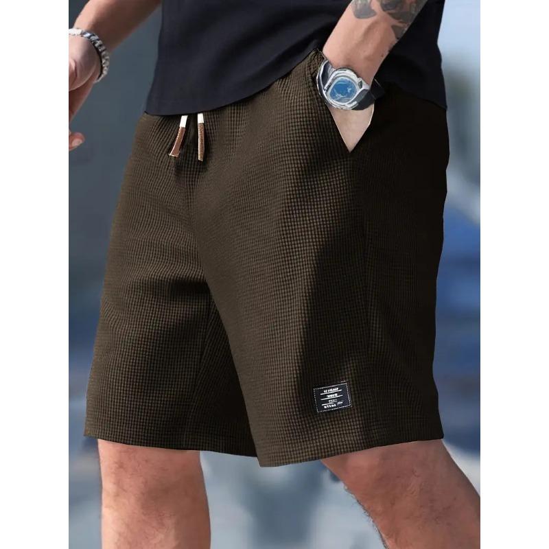 

Men s Beige Waffle Knit Checkered Shorts Casual Drawstring Waist Bottoms S коричневий