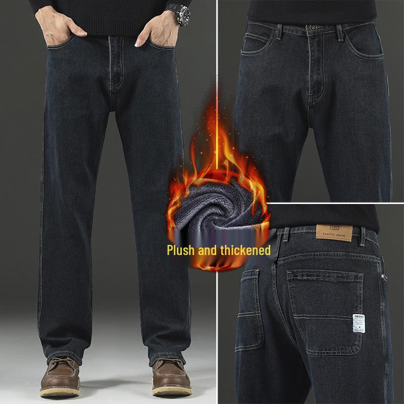 

Men s Black Casual Loose Straight-Leg Jeans with Velvet Lining 30