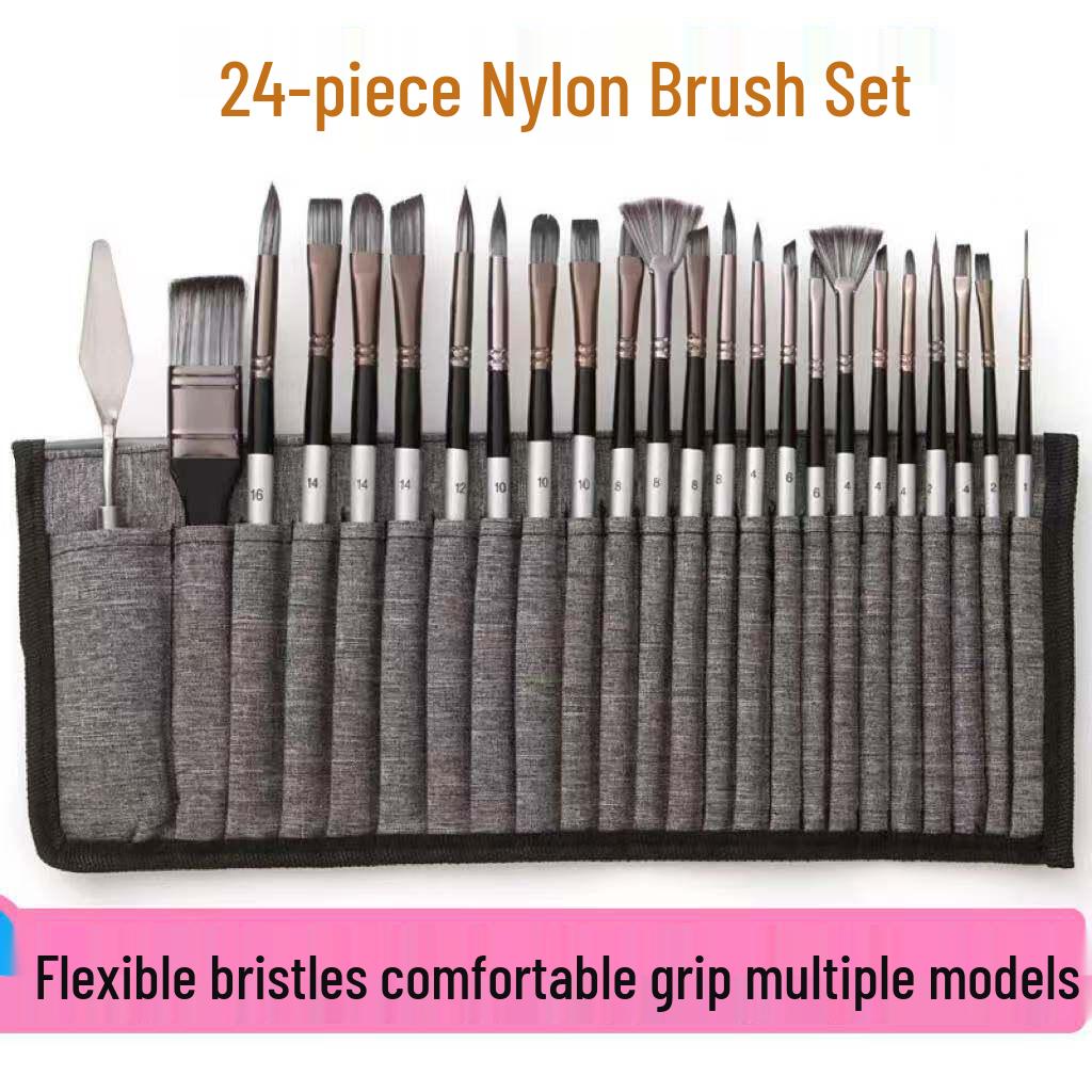 24-Piece Canvas Brush Set – Nylon Brushes for Oil, Gouache, and Watercolor Painting