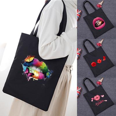 Sexy Lips Large Capacity Women Shopping Bags Shoulder Bag Fashion Black Printing Foldable Handbag Canvas Tote Bag