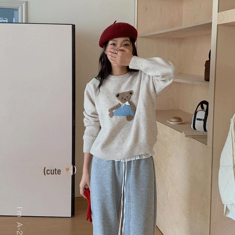 2024 Cute Teddy Bear Round Neck Pullover Sweater