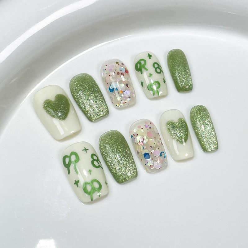 Handmade Press-On Nails With Cat Eye Effect Cute Bow Heart Design Short Style Thin Invisible Fit Women