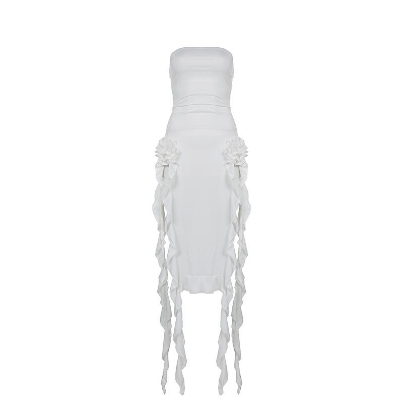 Women Club Party Frill Hem Sleeveless Slit Solid Fringe Sexy Strapless Backless Midi Dress