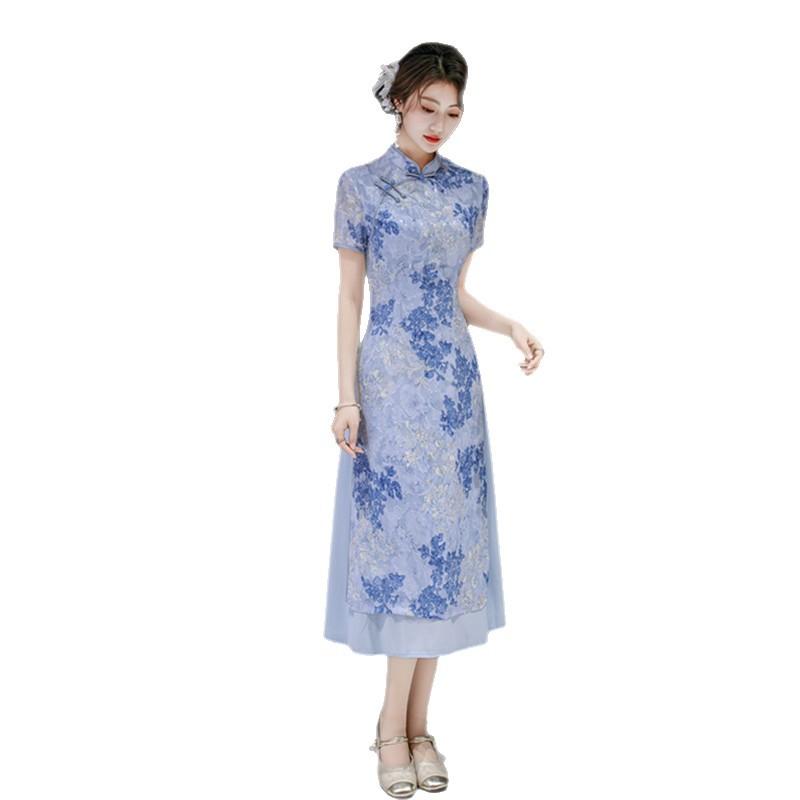 Fashion loose version long Aodai cheongsam dress women's 1011 summer new item covering meat and looking thin daily wear dress
