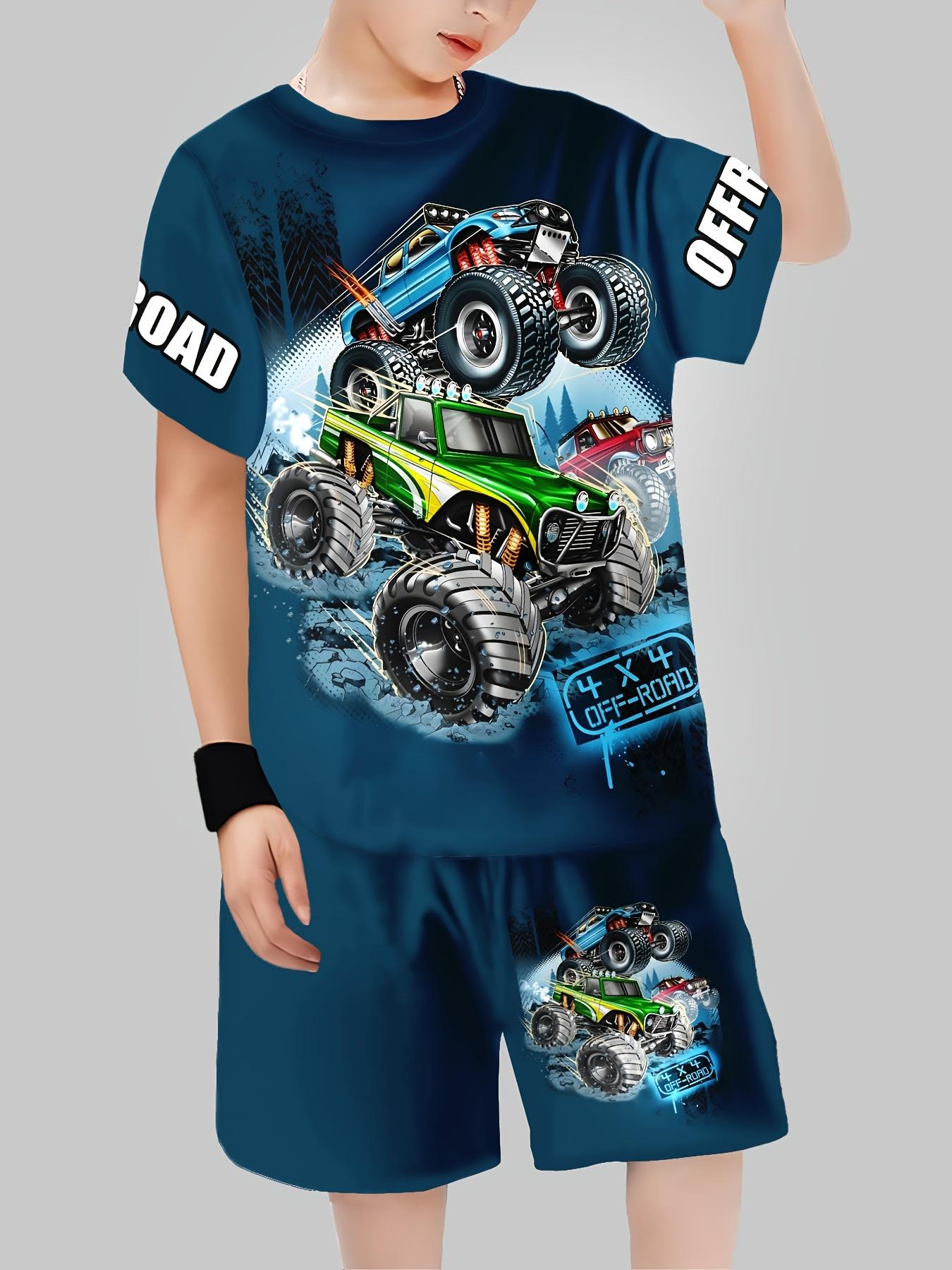 

3D Monster Truck Print Casual Short Sleeve T-Shirt and Shorts Fashion Set for Summer Play Casual Shorts Boys and Girls Set 160