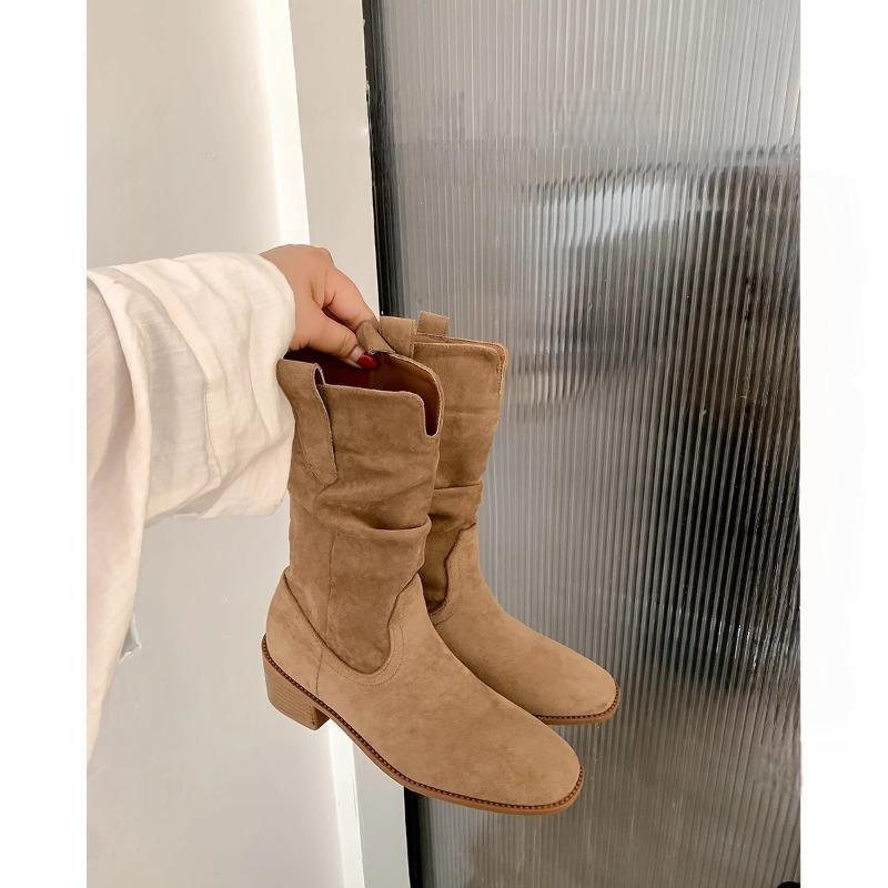 Fashion Round Toe Retro British Style Heightened Booties 2025 Autumn and Winter New Women's Mid-leg Boots
