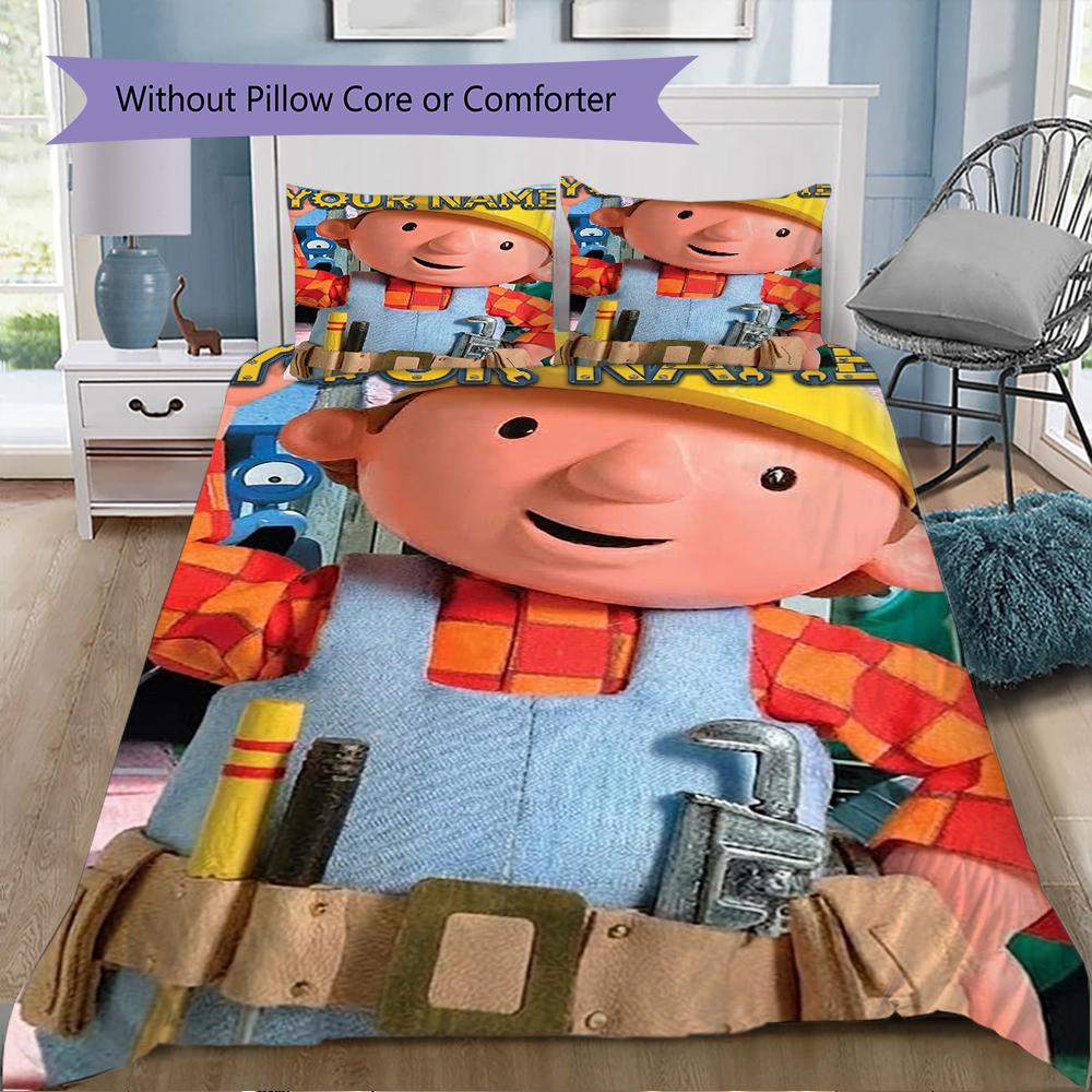 Custom Name Bob the Builder Pattern Bedding Uilt Set Uilt Cover Pillowcase Home Decoration Birthday Gift (1*duvet Cover+2*pillowcase Without Core)