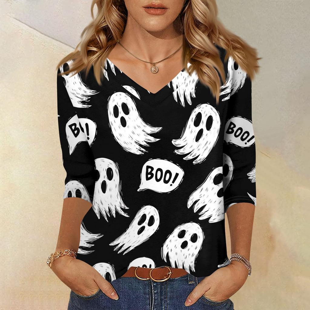 Women's Casual Halloween Print V Neck Three Quarter Sleeve Top Lightweight Soft Fabric Comfortable Fit