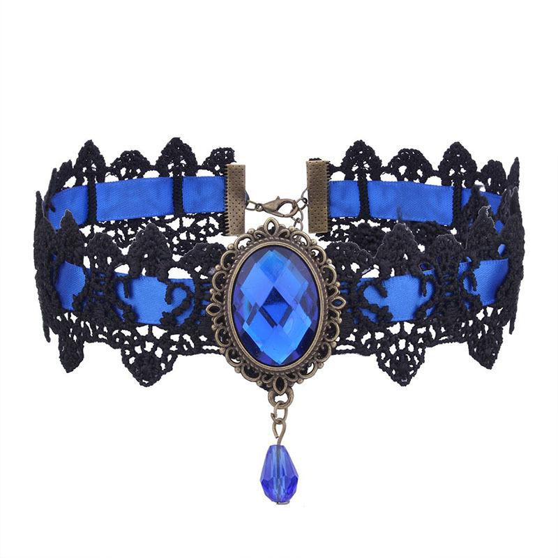 Gothic Sparkling Gemstone Necklace Collar Retro Punk Black Lace Choker Halloween Vintage Chain Vampire Jewelry Accessories New