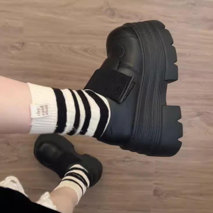 British Style Small Leather Shoes Women's 2025 New Spring Black Velcro Heightened Platform Small Mary Jane Single Shoes