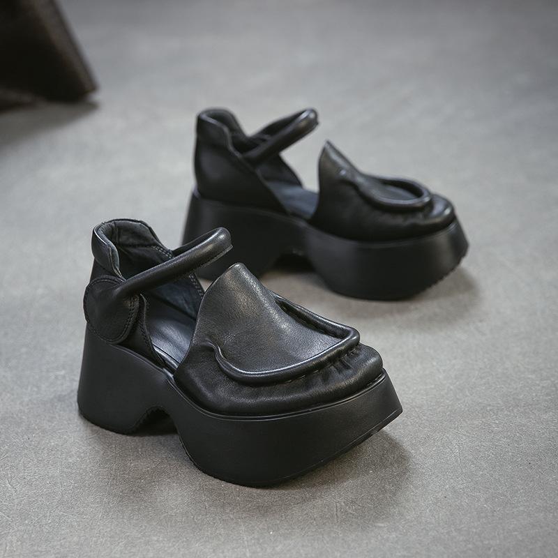 Johnature Sandales en Cuir Véritable à Semelles Épaisses Bout Rond Rétro Talon Épais Chaussures Plateformes pour Femmes