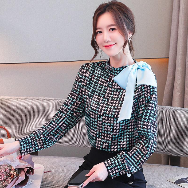 Fashionable and Small Stand-up Collar Shirt for Women Long Sleeve Houndstooth Print Contrasting Bow Tie