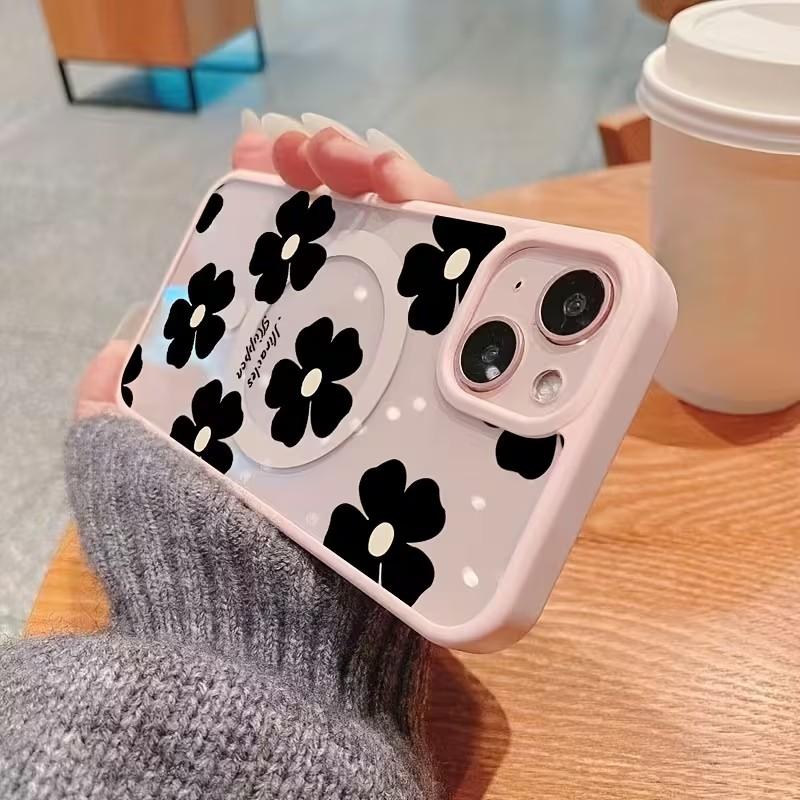 For Samsung S26 S25 Ultra Black Floral Pattern Phone Case for Galaxy S25 FE S26 S24 S23 Plus Magnetic Wireless Charging Cover