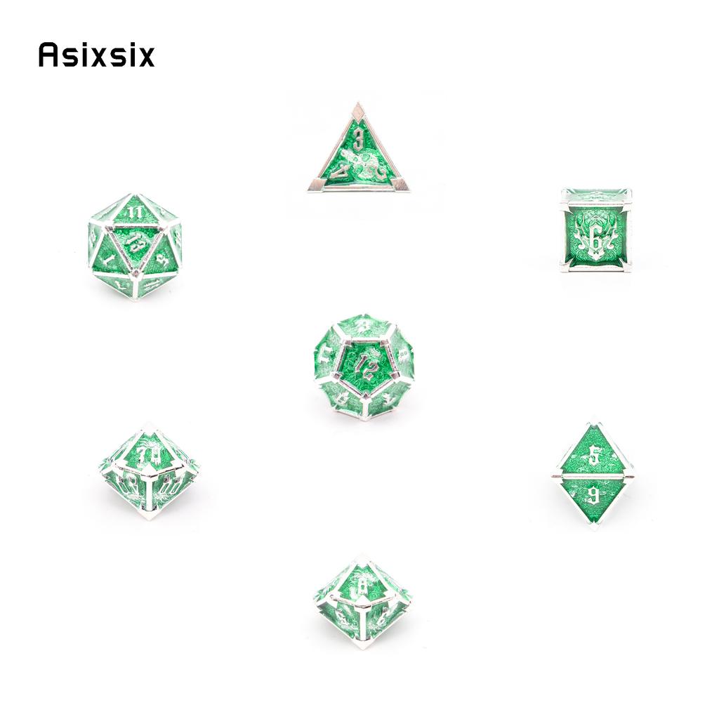 7 Pcs Green White Skull Metal Dice Solid Metal Polyhedral Dice Set Suitable for Role-Playing RPG Board Game Card Game
