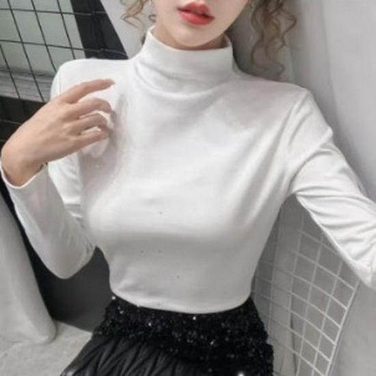 Velvet Sequin Women's Semi-High Neck Slimming Winter Base Layer T-Shirt - Plus Size Available