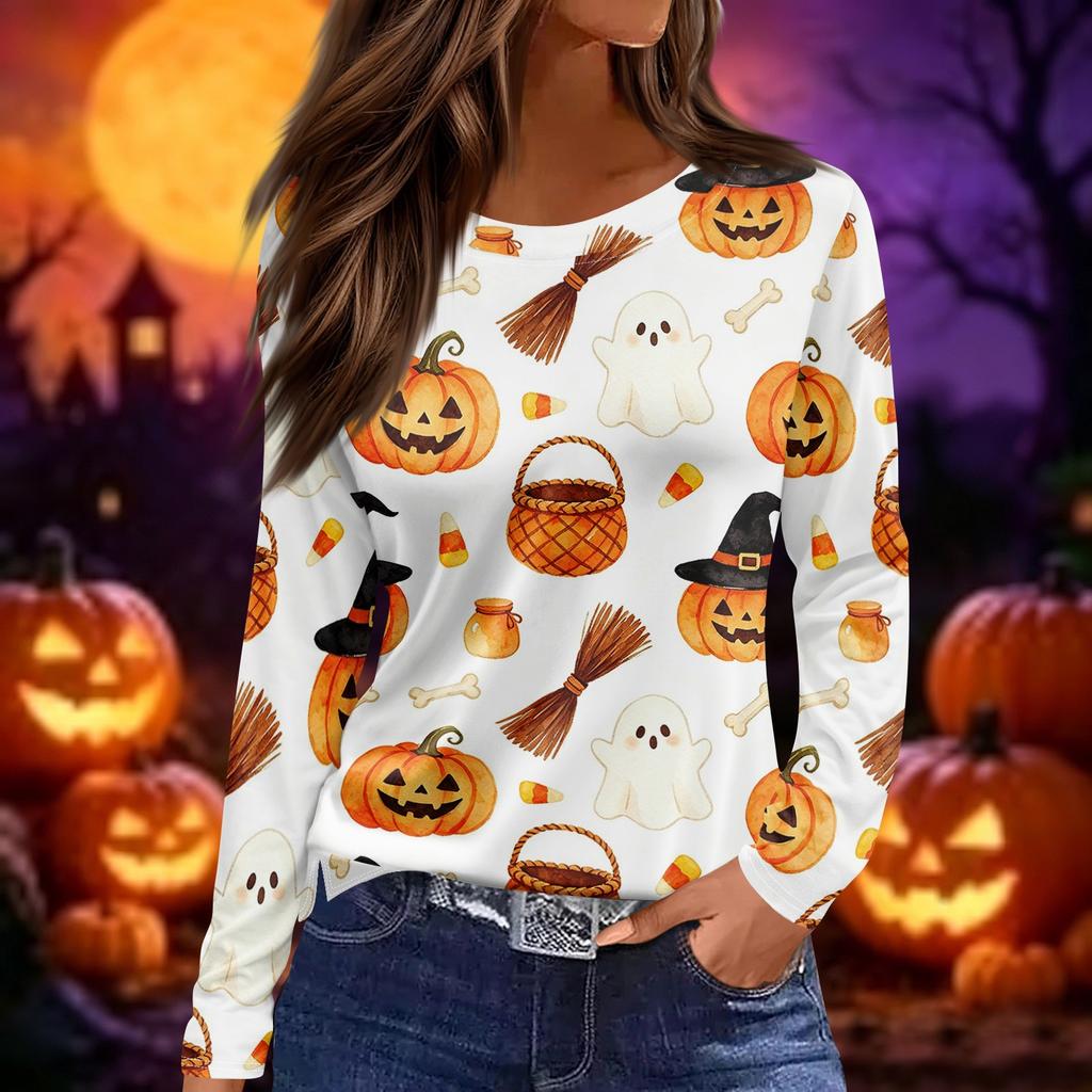 Womens Halloween Print Long Sleeve Top Round Neck Casual Pullover Shirt with Side Slit Hem Lightweight Stretchy Fabric
