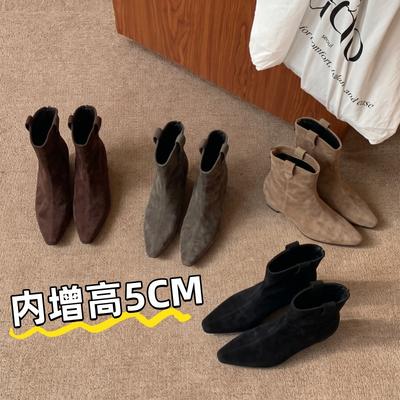 Autumn and Winter New Pointed Inner Height-increasing Short Boots Women's Retro Suede Western Boots Rear Zipper Thin Boots