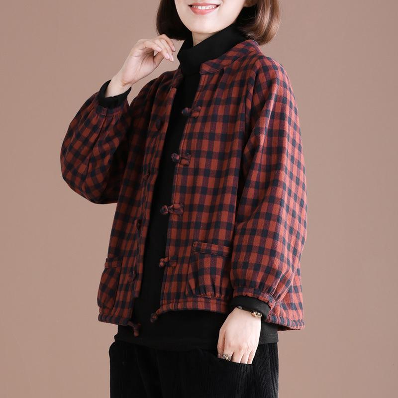 FASHION Pure Cotton  New Velvet Thickened Literary and Retro Top Loose Large Size Thin Plaid Jacket Women's Short