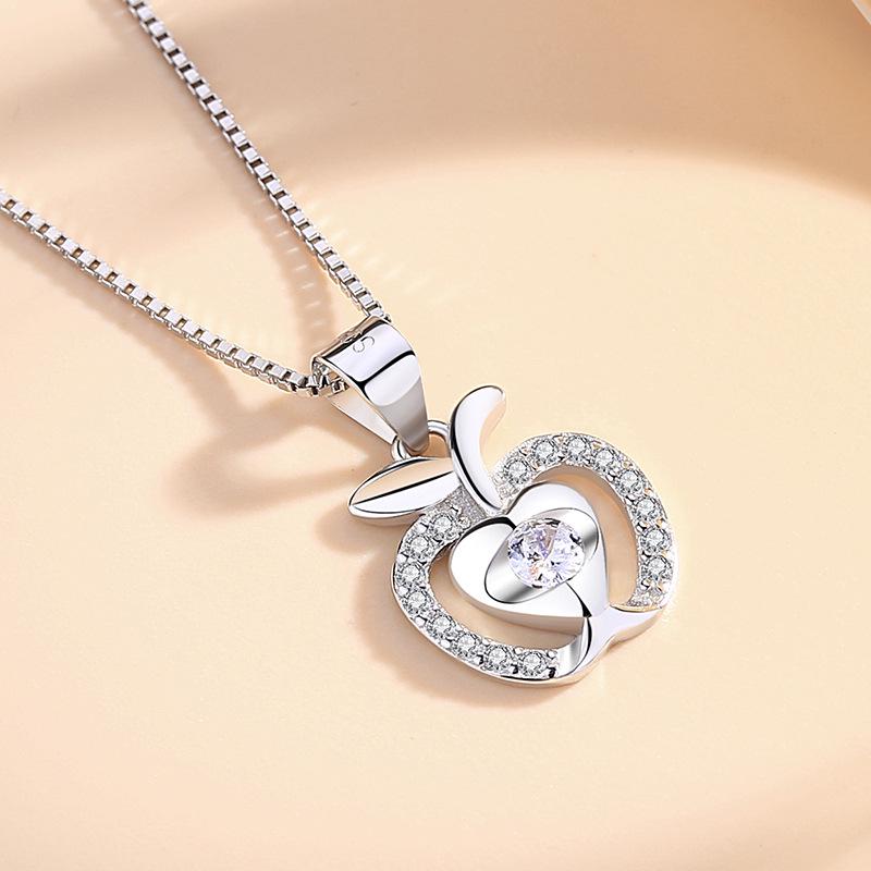 Korean Style Sterling Silver Apple Pendant with Diamonds - Fresh Fruit Christmas Jewelry
