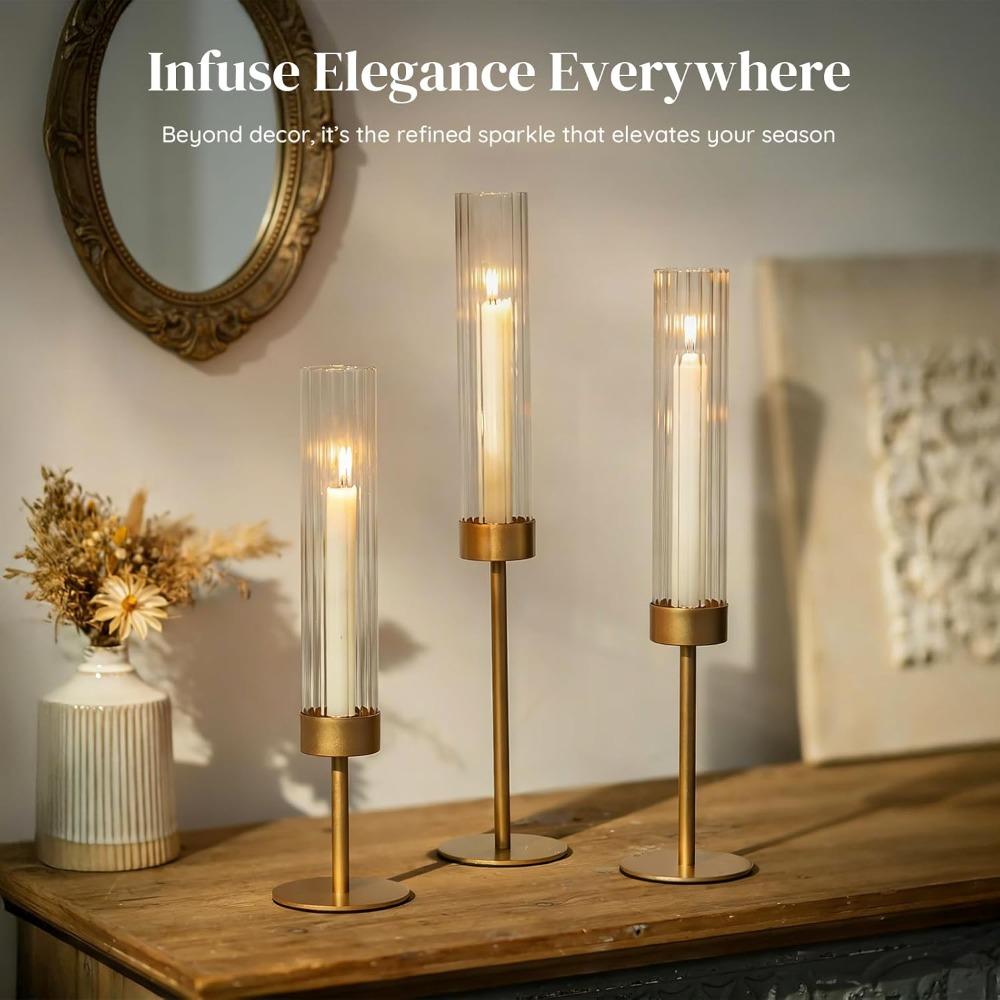 3pcs Golden Hurricane Taper Candle Holders Brass Candlestick Holders with Ribbed Glass Cylinder Cover Fluted Tall Candle Sticks Holder Decor